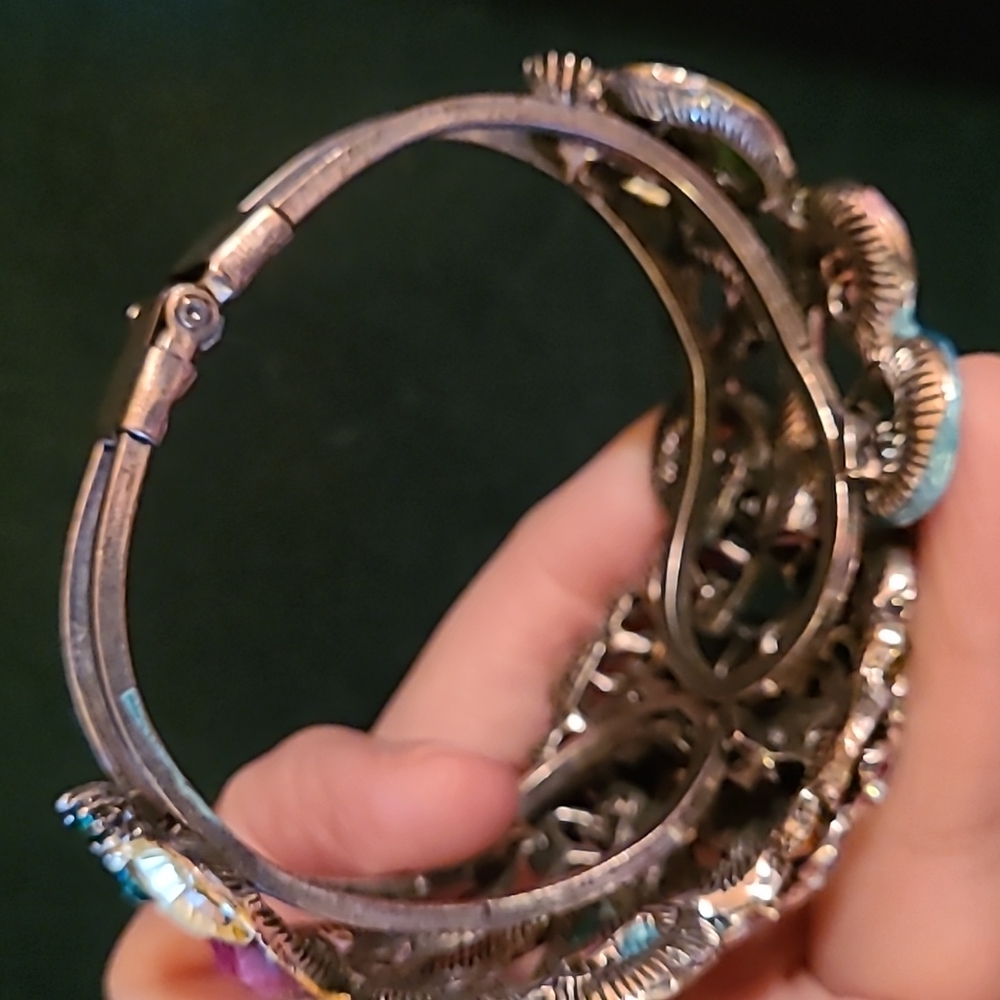 VTG Mardi Gras Mermaid SDLZ Cuff Bracelet Art Deco Floral Rainbow Wrist Clamper - Picture 10 of 12